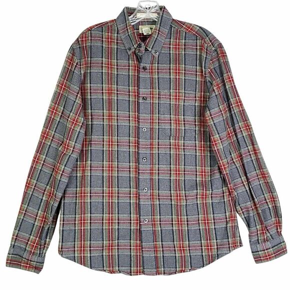 LL Bean Shirt Mens Size M Medium Gray Red Plaid Flannel LS Button Down LS - Picture 2 of 8